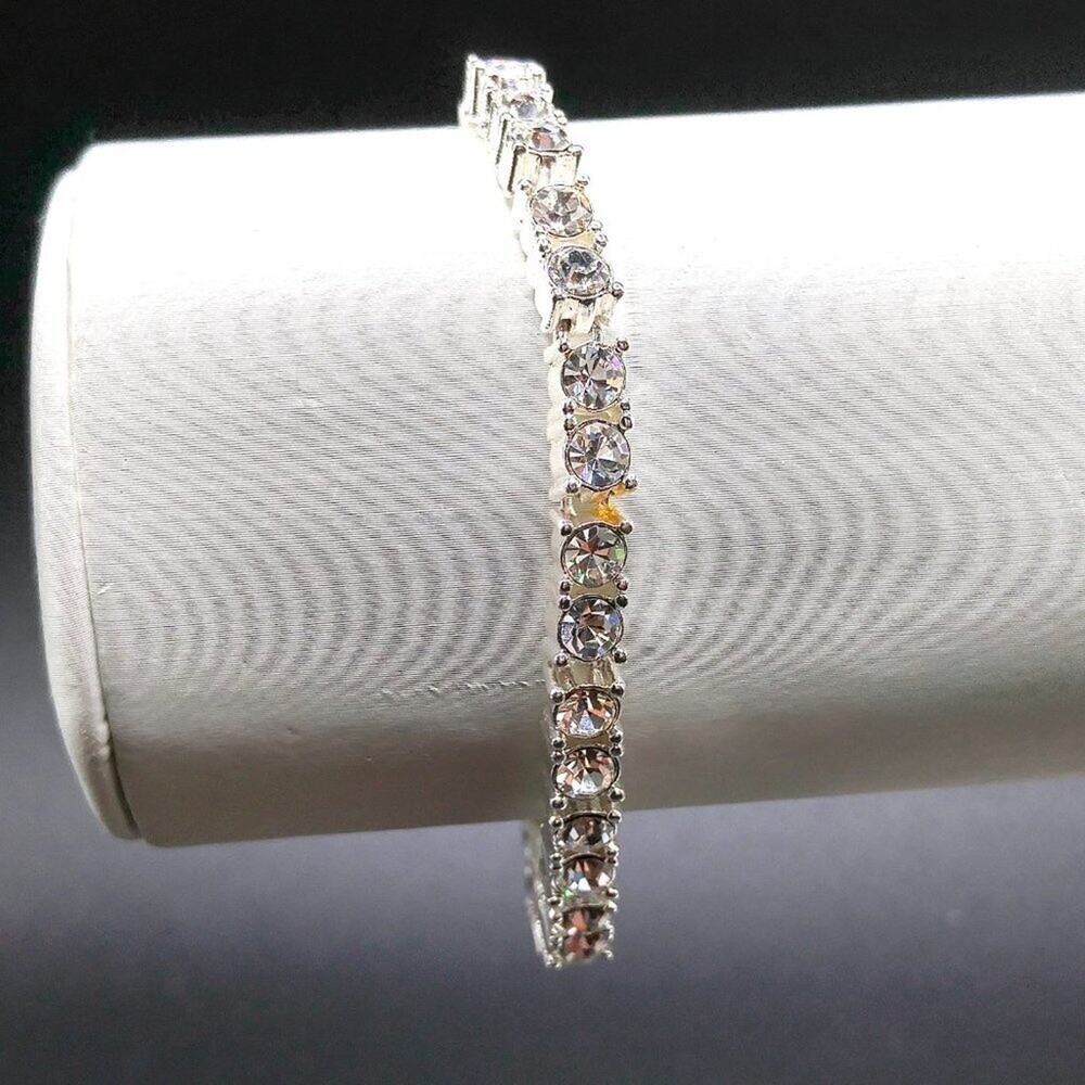 CZ Rhinestone Tennis Style Bracelet, Silver Tone, 7 1/4 Inches